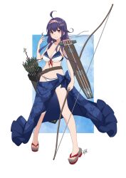 Rule 34 | 1girl, ahoge, arrow (projectile), bikini, blue sarong, bow (weapon), breasts, flight deck, front-tie bikini top, front-tie top, full body, hairband, highres, holding, holding bow (weapon), holding weapon, kantai collection, large breasts, long hair, low twintails, navel, neve (morris-minicooper), purple hair, quiver, red eyes, rigging, ryuuhou (kancolle), sarong, smile, solo, swimsuit, taigei (kancolle), twintails, weapon, white bikini, yumi (bow)