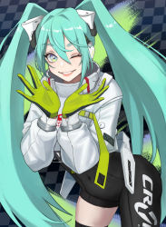 Rule 34 | 1girl, absurdres, aqua eyes, aqua hair, asymmetrical bodysuit, black bodysuit, black gloves, bodysuit, covered navel, cowboy shot, cropped jacket, gloves, gmonya, goodsmile racing, green gloves, hair between eyes, hairpods, hands up, hatsune miku, highres, jacket, long sleeves, looking at viewer, one eye closed, race queen, racing miku, racing miku (2022), shrug (clothing), single thighhigh, smile, solo, thighhighs, twintails, two-tone gloves, vocaloid, white jacket