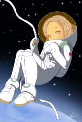 Rule 34 | 1girl, blue eyes, blue hair, dot nose, earth (planet), floating, full body, helmet, highres, japanese flag, legs together, mole, mole under eye, original, planet, signature, solo, space, space helmet, spacesuit, star (sky), toshi chihiro2, tube, zero gravity