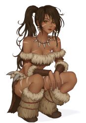 Rule 34 | 1girl, absurdres, artelsia, artist name, bare shoulders, boots, breasts, brown hair, brown skirt, cleavage, dark-skinned female, dark skin, detached sleeves, facial mark, forehead jewel, fur-trimmed boots, fur-trimmed sleeves, fur trim, highres, jewelry, large breasts, league of legends, necklace, nidalee, orange eyes, ponytail, simple background, skirt, smile, solo, squatting, tooth necklace, torn clothes, torn skirt, whisker markings, white background