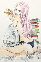 Rule 34 | 1girl, ass, back, black panties, book, book stack, eyelid piercing, food, food on face, from side, grey eyes, hand up, highres, holding, holding food, holding pizza, jewelry bonney, leaning forward, long hair, looking at viewer, median furrow, one piece, panties, parted lips, piercing, pink hair, pizza, pizza slice, puipui (gamename), sitting, solo, topless, underwear, very long hair, wariza