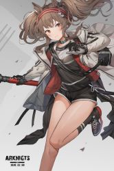Rule 34 | 1girl, absurdres, angelina (arknights), animal ears, arknights, bag, black shirt, black shorts, black socks, brown hair, choker, floating hair, gloves, gompang, grey background, grey jacket, hairband, highres, holding, jacket, leg up, long hair, long sleeves, looking at viewer, open clothes, open jacket, red eyes, shirt, shoes, short shorts, shorts, shoulder bag, sneakers, socks, solo, thighs, twintails