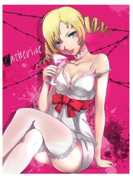 Rule 34 | 1girl, atlus, blonde hair, blue eyes, breasts, catherine, catherine (game), demon girl, drill hair, drink, lipstick, makeup, solo, thighhighs