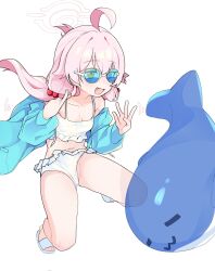 Rule 34 | 1girl, ahoge, bikini, blue archive, blue jacket, fang, frilled bikini, frills, hair between eyes, hair bobbles, hair ornament, halo, highres, hoshino (blue archive), hoshino (swimsuit) (blue archive), inflatable toy, inflatable whale, jacket, long hair, long sleeves, motion lines, navel, official alternate costume, open clothes, open jacket, open mouth, pearlgang e, pink hair, pink halo, sandals, simple background, smile, solo, swimsuit, white background, white bikini, yellow eyes