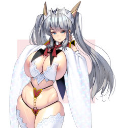 Rule 34 | 1girl, antenna hair, blue eyes, breasts, detached collar, grey hair, hands on own chest, headdress, highres, huge breasts, kouno (masao), long hair, looking at viewer, nipples, original, revealing clothes, smile, solo, thighhighs, twintails, two-tone background, very long hair, white background, white thighhighs, wide sleeves