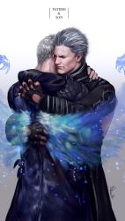 Rule 34 | 2boys, absurdres, aura, black coat, black gloves, blue eyes, coat, devil may cry (series), devil may cry 5, english text, expressionless, father and son, gloves, grey background, hair slicked back, half-closed eyes, highres, hood, hood down, hooded coat, hug, lizzart-zardonicz, male focus, multiple boys, nero (devil may cry), open clothes, open coat, short hair, signature, simple background, spoilers, vergil (devil may cry), white hair