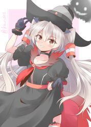 Rule 34 | 1girl, alternate costume, amatsukaze (kancolle), black dress, black gloves, black hat, brown eyes, dress, gloves, grey hair, hair tubes, halloween costume, hat, highres, kantai collection, long hair, parted lips, puffy sleeves, shizuna kaede, short sleeves, skirt hold, smile, smokestack hair ornament, solo, two side up, witch hat