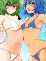Rule 34 | 2girls, asymmetrical docking, bikini, blue bikini, blue bow, blue hair, bow, breast press, breasts, cirno, closed mouth, daiyousei, fairy wings, green eyes, green hair, hair bow, hekiga (freelot), highres, ice, ice wings, looking at viewer, medium breasts, multiple girls, navel, open mouth, short hair, small breasts, sweat, swimsuit, tan, touhou, white bikini, wings