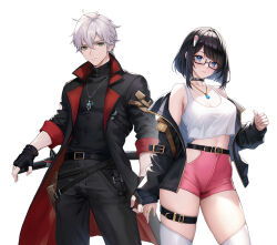 Rule 34 | 1boy, 1girl, ai-assisted, aztodio, belt, black-framed eyewear, black choker, black gloves, black hair, blue eyes, breasts, choker, cleavage, earrings, fingerless gloves, glasses, gloves, green eyes, grey hair, hip vent, jacket, jewelry, large breasts, looking at viewer, midriff, off shoulder, open clothes, open jacket, original, pendant, ring, semi-rimless eyewear, short hair, shorts, sword, tank top, thigh strap, thighhighs, under-rim eyewear, weapon, white background, white thighhighs