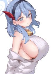 Rule 34 | 1girl, absurdres, ako (blue archive), alternate costume, bare shoulders, bell, blue archive, blue eyes, blue hair, blush, breasts, closed mouth, earrings, from side, hair between eyes, hairband, highres, huge breasts, jewelry, medium hair, metsu end, off shoulder, ribbed sweater, sideboob, simple background, sleeveless, sleeveless turtleneck, solo, stud earrings, sweater, turtleneck, turtleneck sweater, upper body, white background