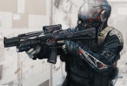 Rule 34 | 1boy, aiming, android, battle, blurry, blurry background, commentary, commentary request, concept art, cyberpunk, cyborg, damaged, dirty, esuthio, exoskeleton, gun, helmet, humanoid robot, lights, machinery, mecha, military, military uniform, original, power suit, realistic, red eyes, robot, science fiction, scope, signature, sketch, soldier, submachine gun, trigger discipline, uniform, upper body, weapon