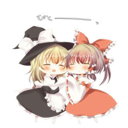 Rule 34 | 2girls, bad id, bad pixiv id, black dress, blonde hair, bow, brown hair, chibi, detached sleeves, dress, closed eyes, face-to-face, female focus, hair bow, hair tubes, hakurei reimu, holding hands, hat, japanese clothes, kirisame marisa, miko, multiple girls, open mouth, pasutel, red dress, touhou, witch, witch hat