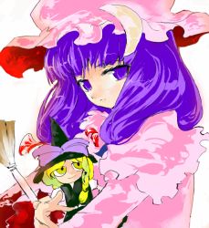 Rule 34 | 1girl, blonde hair, broom, character doll, doll, female focus, hat, kirisame marisa, mo, patchouli knowledge, purple eyes, purple hair, shunsei (muratou), solo, touhou, upper body, white background, witch, witch hat, yellow eyes