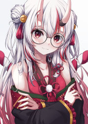 Rule 34 | 1girl, bare shoulders, bell, black kimono, blush, breasts, cleavage, closed mouth, commentary, crossed arms, double bun, fang, frilled sleeves, frills, glasses, gradient hair, hair bell, hair between eyes, hair bun, hair ornament, highres, hololive, horns, japanese clothes, jingle bell, karashi (asarikarasi), kimono, kouhaku nawa, long sleeves, looking at viewer, multicolored hair, nakiri ayame, nakiri ayame (1st costume), off shoulder, red eyes, red hair, rope, shimenawa, simple background, skin-covered horns, skin fang, smile, solo, streaked hair, tassel, upper body, virtual youtuber, white background, white hair