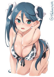 Rule 34 | 1girl, all fours, alternate costume, animal print, arm support, bare shoulders, bikini, blue hair, blush, bow, breasts, collarbone, commentary, cow print, ebifurya, front-tie bikini top, front-tie top, green eyes, hair between eyes, hair bow, hair flip, highres, isuzu (kancolle), kantai collection, large breasts, looking at viewer, open mouth, side-tie bikini bottom, simple background, swimsuit, symbol-only commentary, twintails, wavy mouth, white background