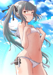 Rule 34 | 1girl, anchor, bikini, blue sky, brown eyes, cloud, commentary request, cosplay, cowboy shot, fuji (pixiv24804665), grey hair, highres, kantai collection, kasumi (kancolle), long hair, looking at viewer, lowleg, lowleg bikini, navel, sailor bikini, sailor collar, side-tie bikini bottom, side ponytail, sky, solo, swimsuit, white bikini, z3 max schultz (kancolle), z3 max schultz (kancolle) (cosplay)
