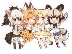 Rule 34 | 4girls, :d, :o, ;d, aardwolf (kemono friends), aardwolf print, african wild dog (kemono friends), african wild dog print, animal ears, animal print, arm up, bare legs, black hair, blonde hair, bodystocking, boots, bow, bowtie, breast pocket, brown hair, cat ears, cat girl, cat tail, chibi, collared shirt, cutoffs, dog girl, dog tail, elbow gloves, extra ears, full body, gloves, grey hair, hands up, high-waist skirt, high ponytail, kemono friends, kneehighs, layered sleeves, long hair, long sleeves, looking at viewer, medium hair, miniskirt, multicolored hair, multiple girls, necktie, one eye closed, open mouth, orange eyes, orange hair, outstretched arm, pantyhose, pantyhose under shorts, parted lips, pocket, ponytail, print bow, print gloves, print legwear, print neckwear, print shirt, print skirt, print thighhighs, sand cat (kemono friends), sand cat print, serval (kemono friends), serval print, serval tail, shirt, shoes, short over long sleeves, short sleeves, shorts, side-by-side, simple background, skirt, sleeveless, sleeveless shirt, smile, socks, tail, thighhighs, two-tone hair, white background