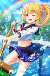 Rule 34 | 1girl, alternative girls, blonde hair, blue skirt, broom, chain-link fence, cloud, cloudy sky, collarbone, day, empty pool, fence, happy, high ponytail, highres, holding, holding broom, long hair, long sleeves, looking at viewer, mizushima airi, navel, neckerchief, official art, one eye closed, open mouth, outdoors, pink scrunchie, pool, purple eyes, rainbow, sailor collar, school uniform, scrunchie, serafuku, shirt, side ponytail, skirt, sky, smile, splashing, standing, wet, wet clothes, wet shirt, white shirt
