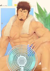 Rule 34 | 1boy, abs, bara, bare arms, bare back, bare shoulders, beard, brown hair, covering privates, covering crotch, closed eyes, facial hair, fate/grand order, fate (series), hand fan, highres, large pectorals, long sideburns, male focus, muscular, napoleon bonaparte (fate), nipples, nude, pectorals, scar, sideburns, simple background, sitting, smile, soft drink, solo, towel, veins, wet, wet hair, zifu