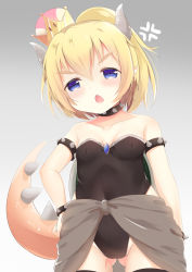 Rule 34 | 1girl, anger vein, bare shoulders, black leotard, black thighhighs, blonde hair, blue eyes, bowsette, bracelet, breasts, collar, collarbone, covered navel, crown, fang, gluteal fold, gradient background, grey background, hair between eyes, hand on own hip, head tilt, high ponytail, highres, horns, jewelry, leotard, looking at viewer, mario (series), mini crown, new super mario bros. u deluxe, nintendo, open mouth, ponytail, renew vivi, small breasts, solo, spiked bracelet, spiked collar, spiked tail, spikes, strapless, strapless leotard, super crown, tail, thighhighs, tilted headwear, v-shaped eyebrows, white background