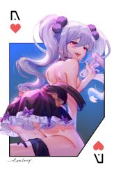 Rule 34 | 1girl, absurdres, artist name, bare shoulders, box galaxy, breasts, dress, food, grey hair, guardian tales, heart, highres, ice cream, kneeling, long hair, looking to the side, necromancer noxia, nipples, red eyes, twintails