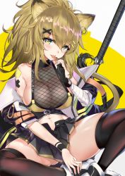 Rule 34 | 1girl, :p, animal ears, arknights, bandaged arm, bandages, bare shoulders, black choker, black gloves, black jacket, black nails, black skirt, black thighhighs, blonde hair, blush, breasts, candy, character name, choker, clothes writing, collarbone, commentary request, earrings, fishnets, food, gloves, gluteal fold, hair between eyes, hair ornament, hairclip, hand up, head tilt, highres, holding, holding food, indian style, jacket, jewelry, large breasts, lion ears, lion tail, lollipop, long hair, looking at viewer, miniskirt, nail polish, navel, off shoulder, open clothes, open jacket, partial commentary, pleated skirt, ponytail, see-through, siege (arknights), sitting, skindentation, skirt, smile, solo, srpzk, tail, thighhighs, thighs, tongue, tongue out, weapon, wristband, x hair ornament, yellow eyes
