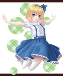 Rule 34 | 1girl, alice margatroid, alice margatroid (pc-98), bad id, bad pixiv id, blonde hair, blue eyes, bow, female focus, hair bow, hairband, highres, jumping, letterboxed, mochi.f, mystic square, outstretched arm, outstretched arms, short hair, skirt, smile, solo, spread arms, suspenders, thighhighs, touhou, touhou (pc-98), white thighhighs