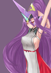 Rule 34 | 1girl, arc system works, arms up, artist request, bare shoulders, blazblue, blazblue: central fiction, breasts, hades izanami, headgear, highres, long hair, looking at viewer, mikado (blazblue), no bra, purple hair, red eyes, red skirt, skirt, solo, very long hair