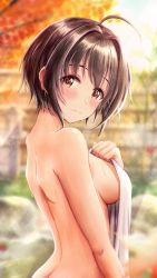 Rule 34 | 1girl, absurdres, ahoge, backbone, black hair, blurry, blurry background, blush, breasts, butt crack, commentary, completely nude, covered erect nipples, covering privates, depth of field, expressionless, hair intakes, highres, holding, holding towel, idolmaster, idolmaster cinderella girls, idolmaster cinderella girls starlight stage, kohinata miho, light rays, looking at viewer, looking to the side, maple tree, masuku (saint mask), medium breasts, naked towel, nude, nude cover, onsen, short hair, solo, stone, sweatdrop, symbol-only commentary, towel, tree, underboob, upper body