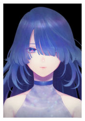 Rule 34 | 1girl, aoe nagi, bare shoulders, black background, blue choker, blue eyes, blue hair, border, choker, closed mouth, dress, hair over one eye, highres, long hair, looking at viewer, minenami ryou, official art, one eye covered, portrait, shounen no abyss, simple background, smile, solo, upper body, white border