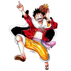 1boy beautyart black_hair cape commentary crown english_commentary full_body highres looking_at_viewer male_focus monkey_d._luffy one_piece open_clothes open_mouth open_shirt orange_shorts purple_sash red_shirt sandals sash scar scar_on_face shirt short_hair shorts signature simple_background smile solo white_background