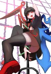 Rule 34 | 1girl, absurdres, arm up, ass, asymmetrical wings, black dress, black hair, black thighhighs, bow, bowtie, breasts, cowlick, dress, from below, highres, houjuu nue, long hair, looking at viewer, mizuki 0630, open mouth, red bow, red bowtie, red eyes, short sleeves, skindentation, slit pupils, small breasts, solo, thighhighs, tongue, tongue out, touhou, upskirt, wings