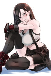 Rule 34 | 1girl, black gloves, black hair, black skirt, black thighhighs, blush, butcha-u, earrings, elbow pads, final fantasy, final fantasy vii, final fantasy vii remake, fingerless gloves, gloves, highres, jewelry, long hair, looking at viewer, pencil skirt, red eyes, shirt, simple background, skirt, smile, solo, suspender skirt, suspenders, swept bangs, tank top, taut clothes, taut shirt, thighhighs, tifa lockhart, white background, white tank top
