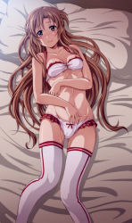 Rule 34 | 10s, 1girl, asuna (sao), bed, blush, bow, bow panties, bra, breasts, brown eyes, brown hair, long hair, long legs, lying, md5 mismatch, on back, panties, pillow, shian (my lonly life.), smile, solo, sword art online, thighhighs, underwear, underwear only, white bra, white panties, white thighhighs