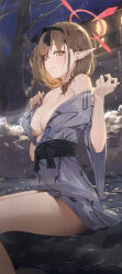 Rule 34 | 1girl, absurdres, bath yukata, blue archive, blush, breasts, brown hair, chinatsu (blue archive), cleavage, feet out of frame, halo, highres, japanese clothes, kimono, kji (rozo), large breasts, looking at viewer, night, night sky, onsen, pointy ears, sideways glance, single bare shoulder, sitting, sky, smile, snowing, solo, star (sky), sweatdrop, yukata