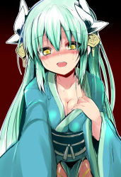 Rule 34 | 1girl, aqua hair, blush, breasts, cleavage, collarbone, dark background, fate/grand order, fate (series), horns, japanese clothes, kimono, kiyohime (fate), leaning forward, long hair, long sleeves, looking at viewer, medium breasts, nose blush, obi, open mouth, pov, sash, sen (astronomy), sketch, solo, teeth, wide sleeves, yellow eyes