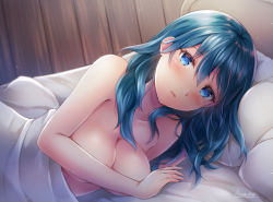 Rule 34 | 1girl, ayame (norie11), bed sheet, blanket, blue eyes, blue hair, blush, breasts, byleth (female) (fire emblem), byleth (fire emblem), cleavage, dutch angle, fire emblem, fire emblem: three houses, large breasts, long hair, looking at viewer, lying, naked sheet, nintendo, nude, on bed, on side, parted lips, pillow, solo, under covers, upper body, wooden wall