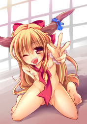 Rule 34 | 1girl, ;d, barefoot, blonde hair, blush, breasts, brown eyes, brown hair, enjoy mix, fang, female focus, flat chest, hair ribbon, horn ornament, horn ribbon, horns, ibuki suika, kneeling, long hair, looking at viewer, nipples, nude, one eye closed, open mouth, pussy juice, red eyes, ribbon, sitting, smile, solo, tongue, touhou, very long hair, wariza, wink