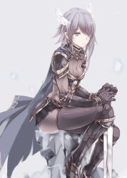 Rule 34 | 1girl, arm guards, armor, blue eyes, breasts, cape, cleavage, expressionless, gloves, greaves, grey hair, grey thighhighs, hair over one eye, hands on hilt, head wings, highres, holding, holding sword, holding weapon, original, pauldrons, pleated skirt, pointy ears, purple hair, short hair, shoulder armor, sitting, skindentation, skirt, small breasts, solo, sword, thighhighs, touma kisa, weapon, wings