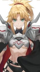Rule 34 | 1girl, absurdres, armor, blonde hair, braid, breasts, fate/apocrypha, fate (series), french braid, green eyes, hair ornament, hair scrunchie, highres, long hair, looking at viewer, parted bangs, ponytail, red scrunchie, scrunchie, sidelocks, small breasts, smile, solo, tonee