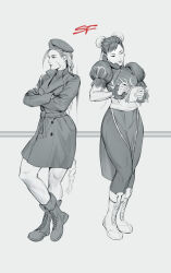 Rule 34 | absurdres, boots, cammy white, capcom, chun-li, coat, crossed arms, highres, monochrome, notepad, pen, phone, scar, simple background, street fighter, trench coat, zenkiro