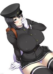 Rule 34 | 10s, 1girl, akitsu maru (kancolle), black hair, blush, breasts, curvy, covered erect nipples, gloves, hat, huge breasts, kantai collection, looking at viewer, panties, short hair, grey eyes, sitting, skirt, solo, thick thighs, thighhighs, thighs, underwear, white gloves, wide hips, zonda (solid air)