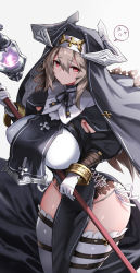 Rule 34 | &gt; &lt;, 1girl, armpit crease, black dress, blush, breasts, dress, gloves, grey hair, habit, hair between eyes, highres, holding, holding weapon, horns, huge breasts, long hair, long sleeves, looking at viewer, neck ribbon, nun, original, panties, pelvic curtain, red eyes, ribbon, sessue, side-tie panties, solo, thigh strap, thighhighs, thighs, underwear, weapon, white background