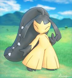 Rule 34 | blurry, closed mouth, cloud, commentary, creatures (company), day, english commentary, closed eyes, facing viewer, full body, game freak, gen 3 pokemon, grass, hand up, highres, hill, mawaifu, mawile, nintendo, no humans, outdoors, pokemon, pokemon (creature), signature, sky, smile, solo, standing, toes, tree
