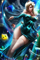 Rule 34 | 2boys, 2girls, aqua dress, bare shoulders, blonde hair, breasts, brothers, collarbone, crown, dress, dutch angle, grey eyes, hair over one eye, head tilt, holding, holding wand, kc-05, long dress, long hair, long sleeves, looking at viewer, luigi, luma (mario), mario, mario (series), medium breasts, multiple boys, multiple girls, neck, nintendo, off-shoulder dress, off shoulder, princess peach, rosalina, short hair, siblings, sky, solo focus, staff, standing, star (sky), star wand, starry sky, super mario bros. 1, super mario galaxy, thighhighs, thighs, wand, white thighhighs