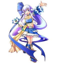 Rule 34 | 1girl, absurdres, aqua seep seal, bare shoulders, blue eyes, boots, breasts, detached sleeves, full body, highres, kanatarou, long hair, looking at viewer, medium breasts, microphone, midriff, official art, open mouth, purple hair, ribbon, simple background, skirt, smile, solo, standing, transparent background, trouble witches, trouble witches neo, very long hair, wand, white background