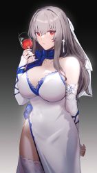 Rule 34 | 1girl, alcohol, azur lane, bare shoulders, blue bow, blue scarf, bow, breasts, cleavage, cross, cross earrings, cup, dress, drinking glass, earrings, elbow gloves, evening gown, fingerless gloves, gloves, gradient background, grey background, grey hair, hair ornament, highres, holding, holding cup, jewelry, large breasts, long hair, mole, mole under eye, red eyes, sadiwosan, saint-louis (azur lane), saint-louis (holy knight&#039;s resplendence) (azur lane), saint-louis (holy knight&#039;s resplendence) (azur lane), scarf, simple background, sleeveless, sleeveless dress, solo, thighhighs, white gloves, white thighhighs, wine, wine glass