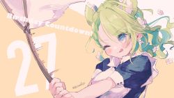Rule 34 | 1girl, :q, animal ears, antlers, blush, braid, branch, butterfly net, cat ears, ceres fauna, countdown, earrings, flower, green hair, hair flower, hair ornament, hair over one eye, hand net, highres, hololive, hololive english, horns, jewelry, maid, mayumura, one eye closed, solo, tongue, tongue out, virtual youtuber, yellow eyes
