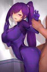 Rule 34 | 1boy, 1girl, against wall, arched back, arm grab, ass, blush, bodysuit, breasts, clothed female nude male, cowboy shot, curvy, half-closed eyes, hetero, highres, kameponde, large breasts, long hair, nude, open mouth, original, penis, ponytail, purple bodysuit, purple eyes, purple hair, sex, sidelocks, skin tight, solo focus, standing, standing sex, sweat, vaginal, very long hair