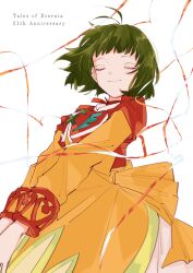 Rule 34 | 1girl, absurdres, anniversary, choker, closed eyes, closed mouth, copyright name, dress, farah oersted, green hair, highres, long hair, orange dress, red choker, short hair, simple background, smile, solo, tales of (series), tales of eternia, white background, youme xz